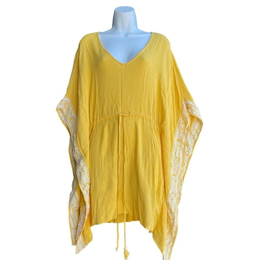 Forever 21 Beach Resort Kaftan Cover-Up Women's M Embroidered Trim Yellow V-Neck